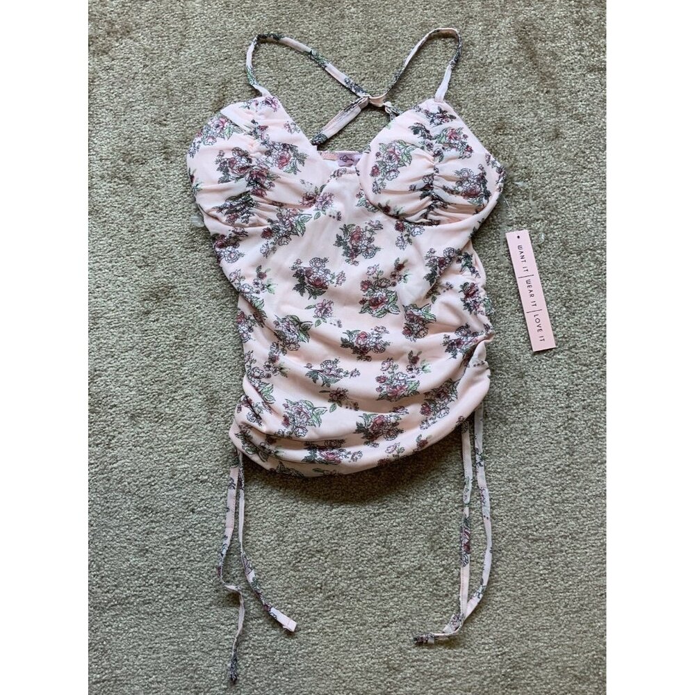 Crave Fame Spring Mesh Floral Print Tank Top Dusty Pink Small